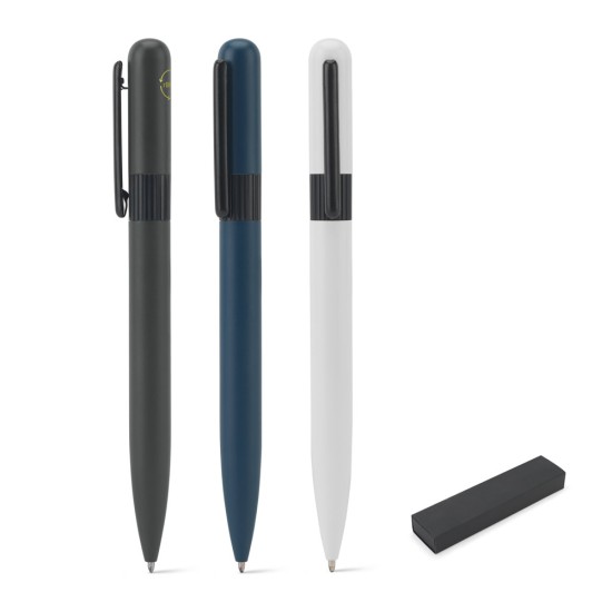 Esferográfica em metal 60% reciclado com design arredondado e escrita em preto Personalizada