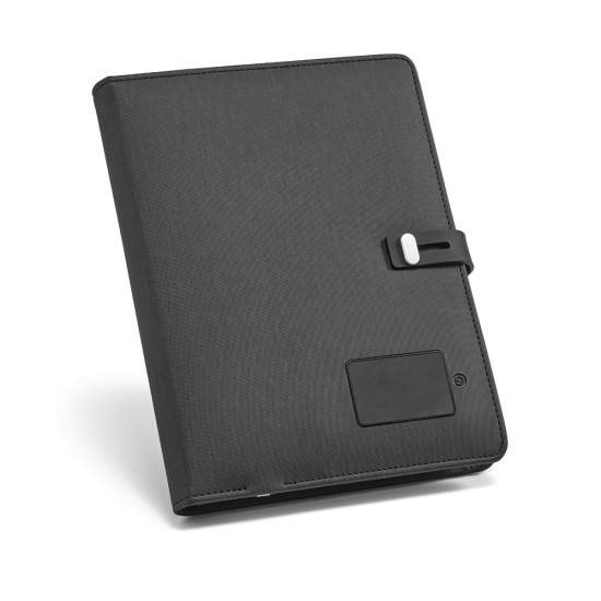 Pasta A5 em c. sintético com bateria portátil embutida (lítio) 4'000 mAh e caderno com 128 páginas pautadas Personalizada