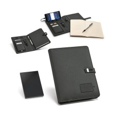 Pasta A5 em c. sintético com bateria portátil embutida (lítio) 4'000 mAh e caderno com 128 páginas pautadas Personalizada