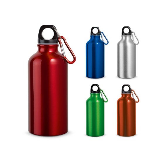 Garrafa esportiva em alumínio e acabamento metálico com mosquetão 400 mL Personalizada