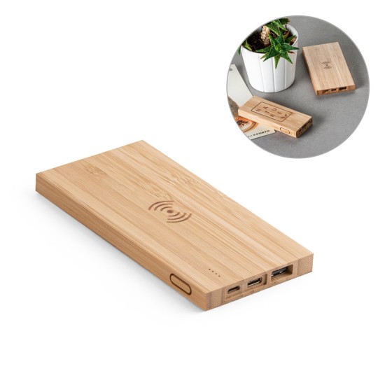 Bateria portátil com carregador por indução (wireless) super-rápido em bambu 5'000 mAh Personalizada