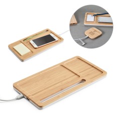 Organizador de secretária (mesa) em bambu e ABS com carregador por indução (wireless) super-rápido 15W Personalizado