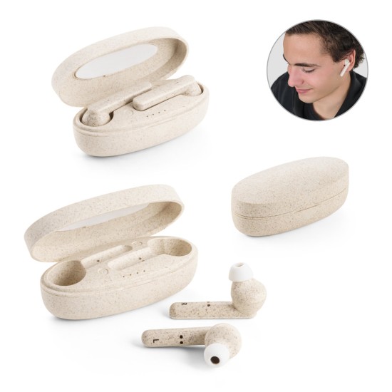 Fones de ouvido True Wireless em fibra de palha de trigo e PP com autonomia de 3h Personalizada