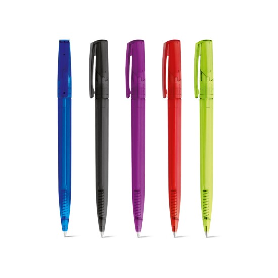 Esferográfica em ABS com acabamento translúcido e escrita em preto Personalizada