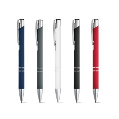 Esferográfica em alumínio com acabamento emborrachado e escrita em preto Personalizada