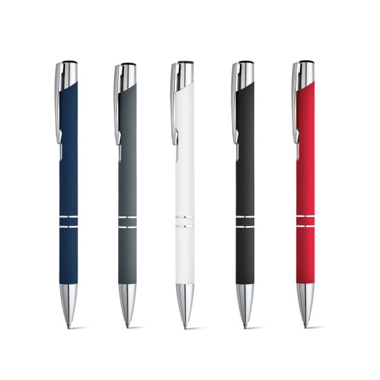 Esferográfica em alumínio com acabamento emborrachado e escrita em preto Personalizada