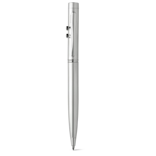 Esferográfica em metal com ponteira laser, LED e escrita em azul Personalizada