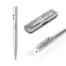 Esferográfica em metal com ponteira laser, LED e escrita em azul Personalizada