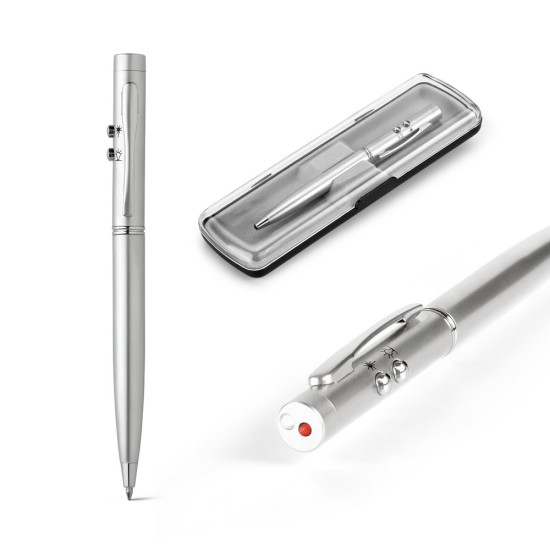 Esferográfica em metal com ponteira laser, LED e escrita em azul Personalizada