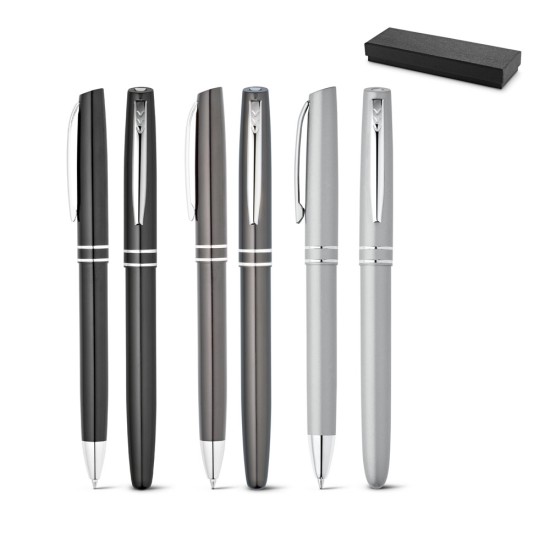 Conjunto de roller e esferográfica em alumínio com escrita em azul Personalizado