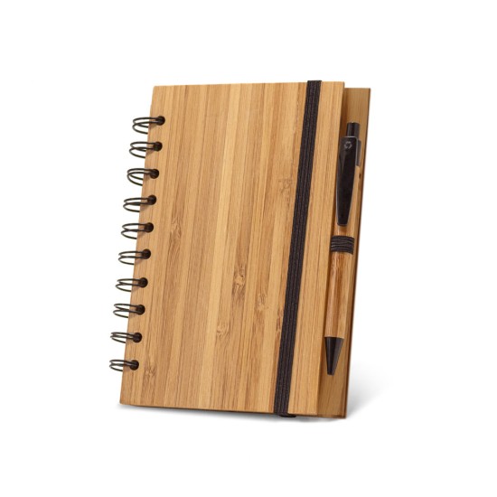 Caderno A5 espiral de capa dura em bambu com 140 páginas pautadas Personalizado