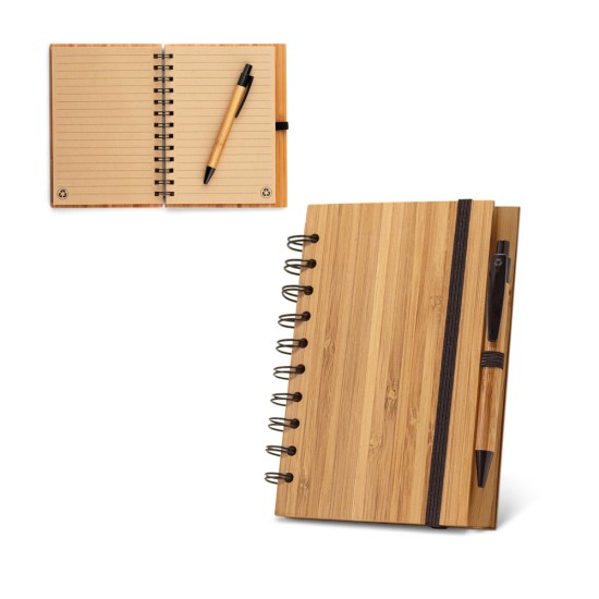 Caderno A5 espiral de capa dura em bambu com 140 páginas pautadas Personalizado