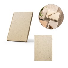 Caderno A5 com resíduos da cevada (25%) e trapos de algodão reciclado (75%) com folhas pautadas, com 160 páginas pautadas recicladas Personalizado