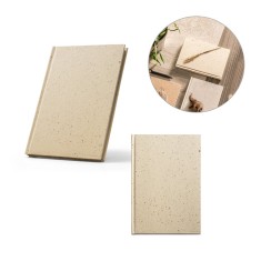 Caderno A5 com resíduos da cevada (25%) e trapos de algodão reciclado (75%) com folhas pautadas, com 160 páginas pautadas recicladas Personalizado