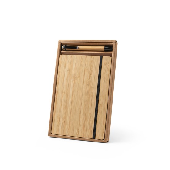 Conjunto de caderno A5 em bambu com 192 páginas pautadas e esferográfica em bambu Personalizado