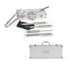 Kit churrasco em estojo de alumínio com luva de cozinha em poliéster e 6 utensílios em aço inox Personalizado