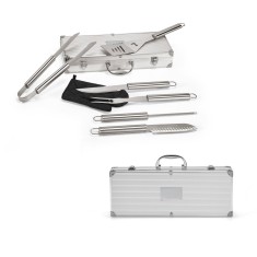 Kit churrasco em estojo de alumínio com luva de cozinha em poliéster e 6 utensílios em aço inox Personalizado