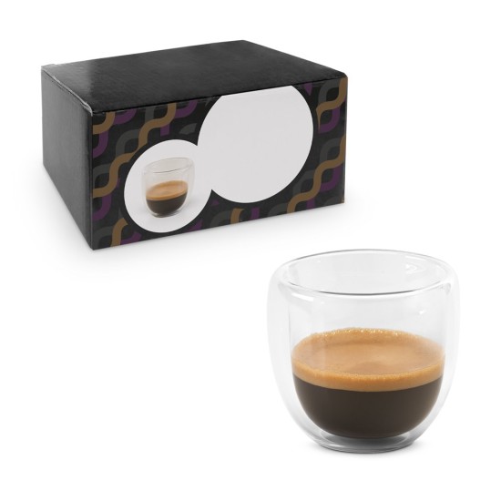 Conjunto de café em vidro borossilicato com 2 copos com parede dupla isolada a ar 75 mL Personalizado
