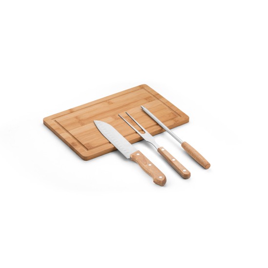 Kit churrasco em estojo de 210D e tábua em bambu com 3 utensílios em aço inox e madeira de seringueira Personalizado