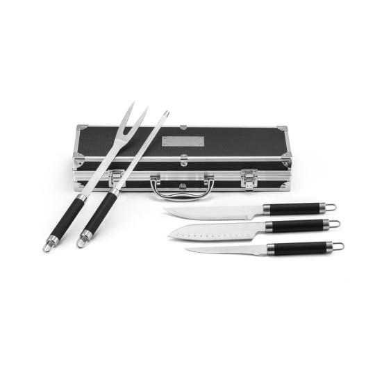 Kit churrasco em estojo de alumínio com 5 utensílios em aço inox e alumínio Personalizado