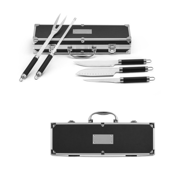 Kit churrasco em estojo de alumínio com 5 utensílios em aço inox e alumínio Personalizado