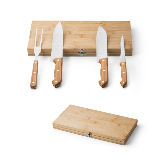 Kit churrasco em caixa bambu com 4 utensílios em aço inox e bambu Personalizado