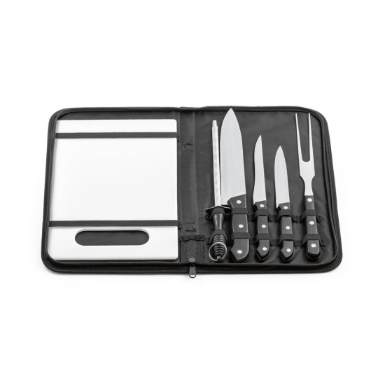 Kit churrasco em estojo de nylon 210D com tábua em PP e 5 utensílios em aço inox e PP Personalizado