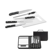 Kit churrasco em estojo de nylon 210D com tábua em PP e 5 utensílios em aço inox e PP Personalizado
