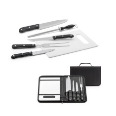 Kit churrasco em estojo de nylon 210D com tábua em PP e 5 utensílios em aço inox e PP Personalizado