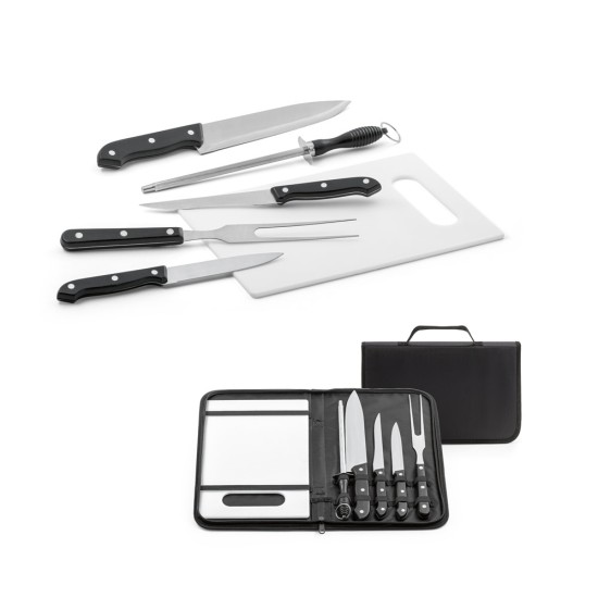 Kit churrasco em estojo de nylon 210D com tábua em PP e 5 utensílios em aço inox e PP Personalizado