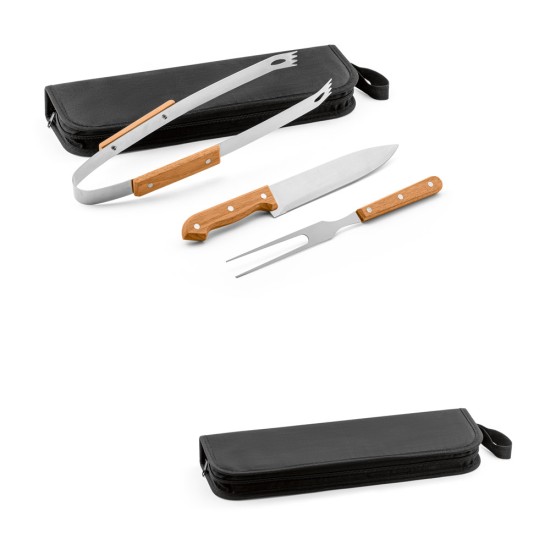 Kit churrasco em estojo de 210D com 3 utensílios em aço inox e madeira de seringueira Personalizado