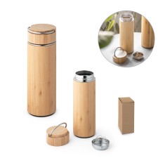 Garrafa em aço inox e bambu de parede dupla térmica, isolada a vácuo 440 mL Personalizada