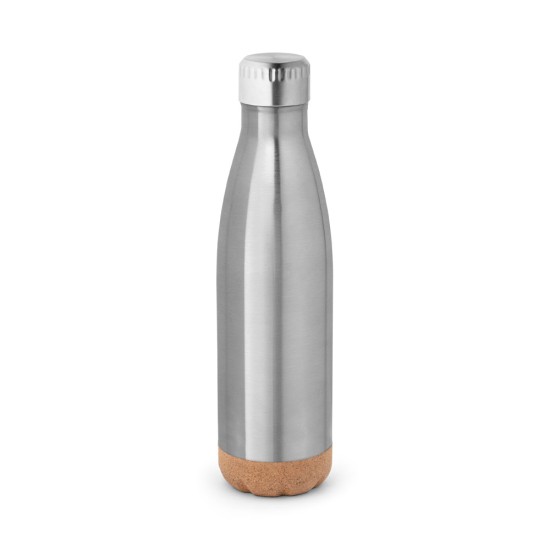 Garrafa em aço inox de parede dupla térmica, isolada a vácuo, com tampa em aço inox e base em cortiça 560 mL Personalizada