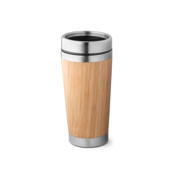 Copo de viagem em aço inox e bambu, térmico com parede dupla isolada a ar, com sistema de abertura deslizante 500 mL Personalizado
