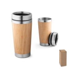 Copo de viagem em aço inox e bambu, térmico com parede dupla isolada a ar, com sistema de abertura deslizante 500 mL Personalizado