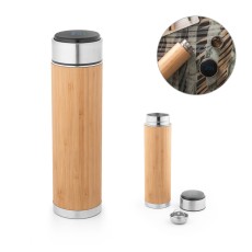 Garrafa em aço inox e bambu de parede dupla térmica, isolada a vácuo com termómetro digital 430 mL Personalizada