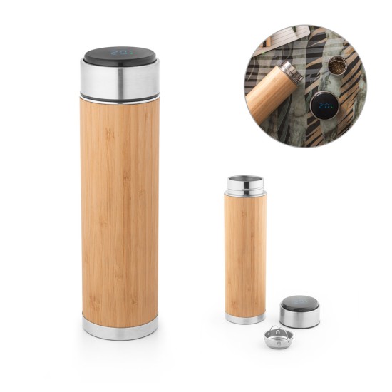 Garrafa em aço inox e bambu de parede dupla térmica, isolada a vácuo com termómetro digital 430 mL Personalizada