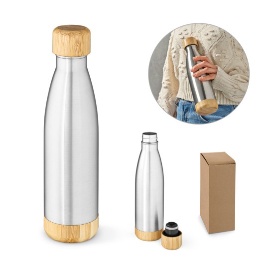 Garrafa em aço inox 90% reciclado de parede dupla térmica, isolada a vácuo com tampa em bambu 550 mL Personalizada