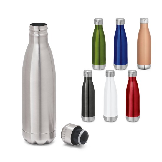 Garrafa em aço inox de parede dupla térmica, isolada a vácuo, com tampa em aço inox 510 mL Personalizada