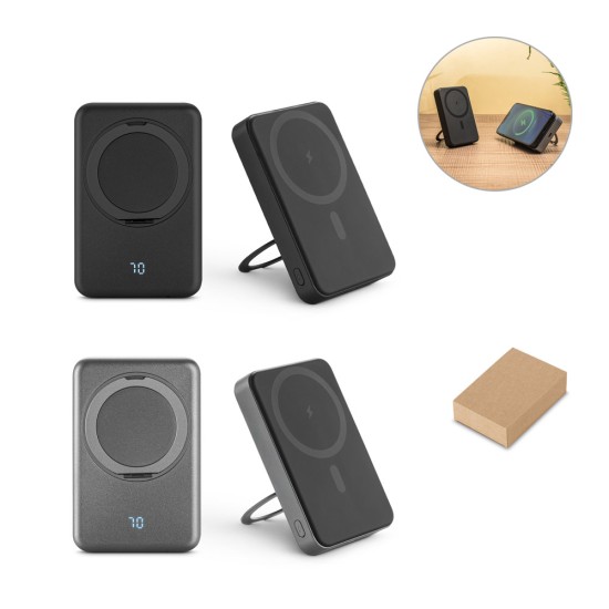 Bateria portátil magnética em ABS 100% reciclado com suporte, carregador por indução (wireless) super-rápido 15W e capacidade de 10'000 mAh Personalizada
