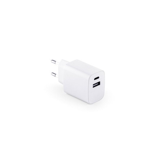 Adaptador de corrente com porta USB-A 18W e USB-C 20W em ABS 100% reciclado Personalizado