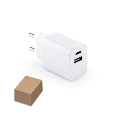 Adaptador de corrente com porta USB-A 18W e USB-C 20W em ABS 100% reciclado Personalizado